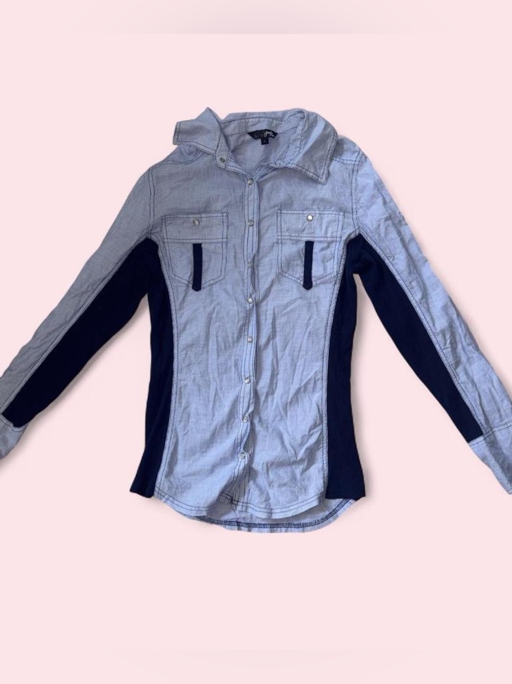 Women’s Goode Rider Equestrian Navy Striped Button up 100% Cotton Shirt ~ Size S